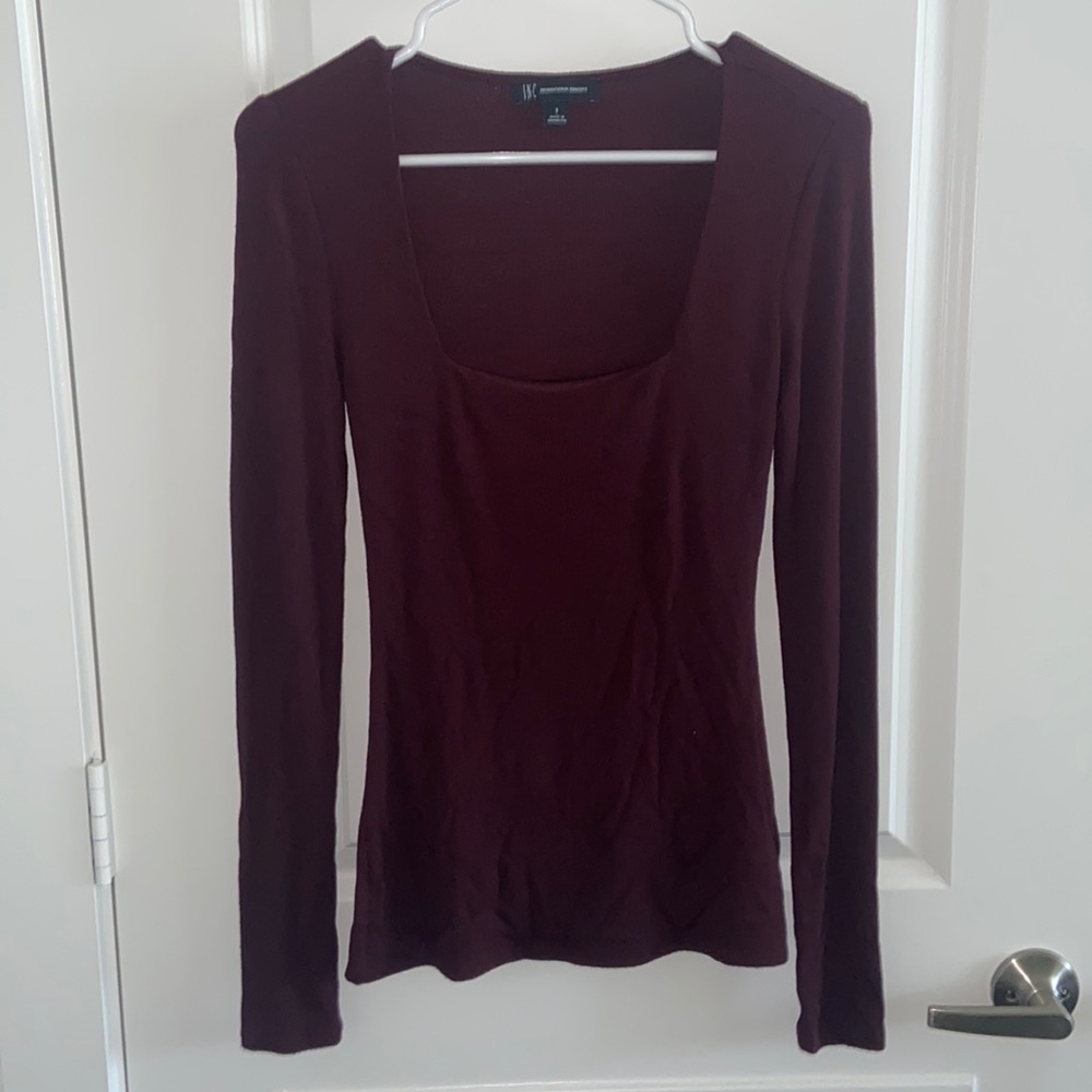 INC SMALL Burgundy Square Cut Long Sleeve Blouse
